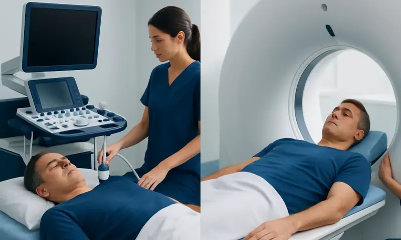 Medical professional performing an ultrasound scan on a patient in a hospital setting.
