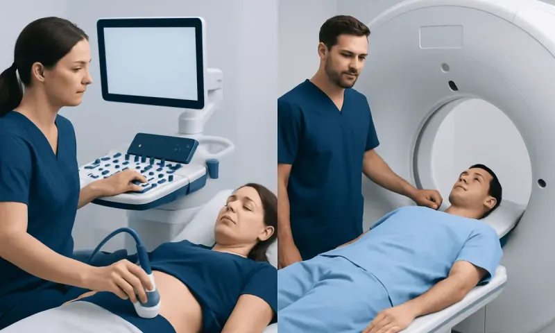 Medical professionals perform a CT scan on a patient in a hospital setting.
