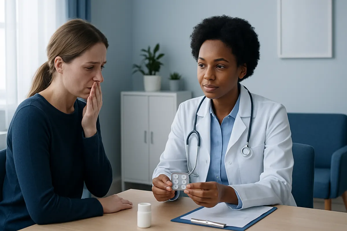Doctor explaining cold medication to a patient in a consultation room.