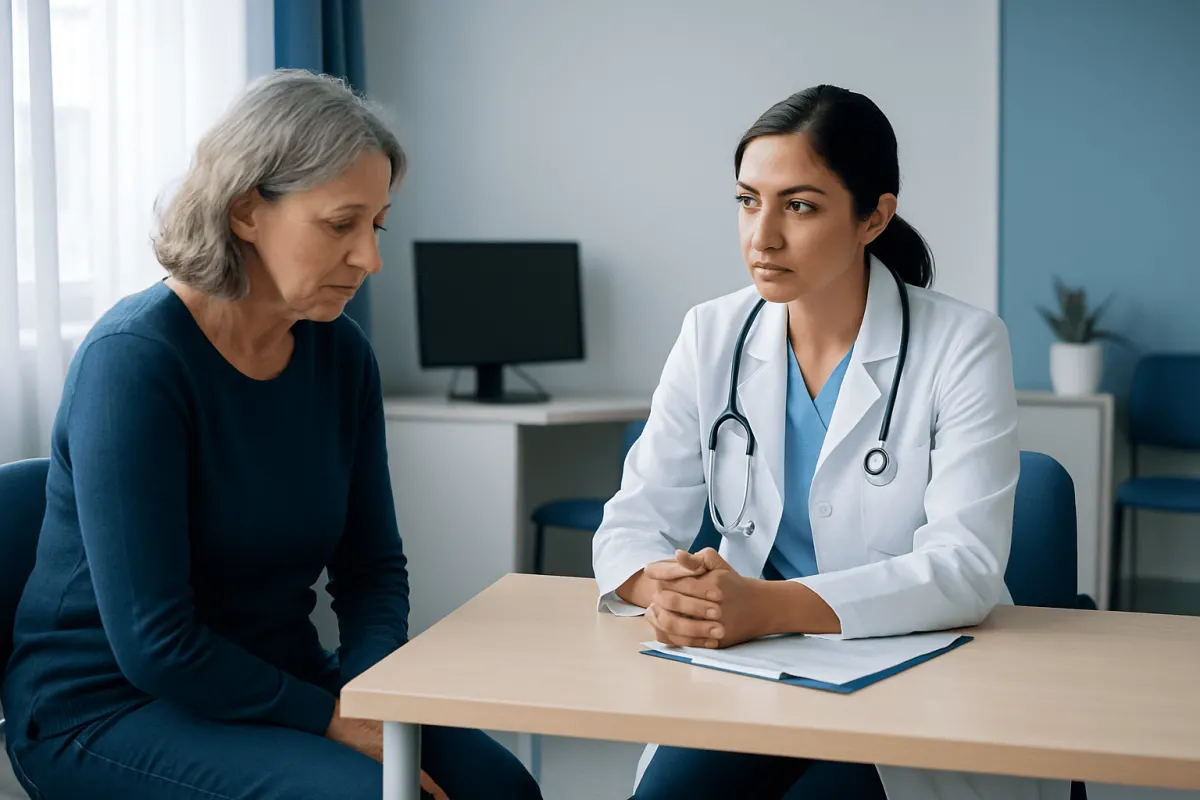 Doctor consulting with an elderly female patient in a medical office.