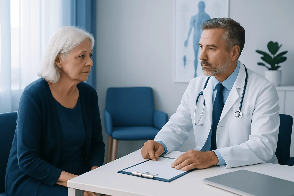 Doctor consulting with an elderly woman in a medical office setting.