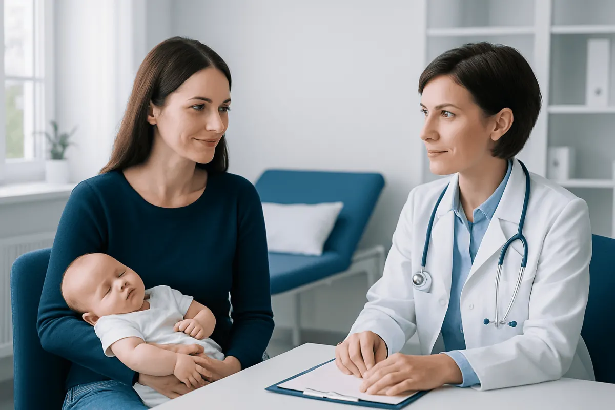 Pediatric consultation with mother and baby at a hospital.