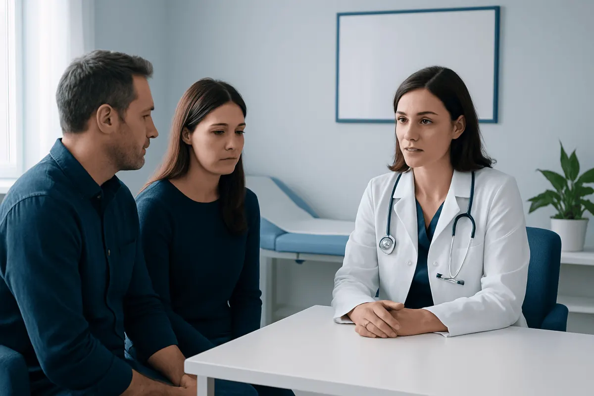 Fertility consultation at Acibadem Hospital with doctor and couple.