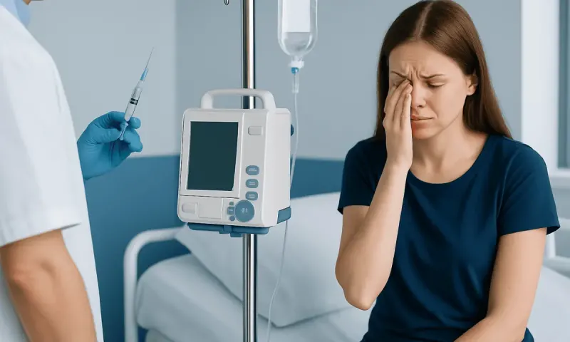 Young woman experiencing needle phobia during medical treatment at Acibadem Hospital.