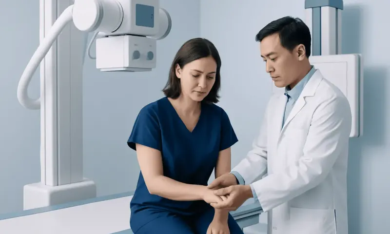 Doctor examining patient's wrist in a modern hospital setting.