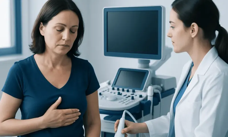 Doctor examining a woman with breast discomfort in a medical clinic.
