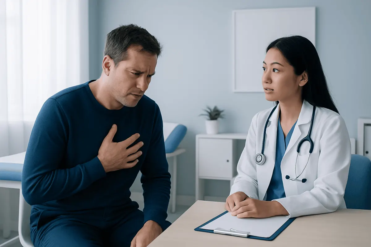 Doctor examines patient with chest discomfort in a clinical setting.