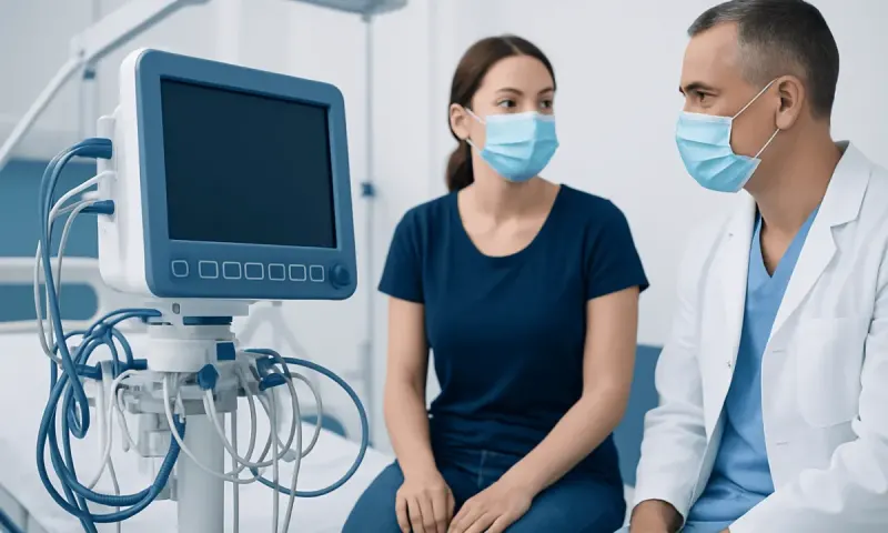 Doctor and patient wearing masks in a hospital consultation room.