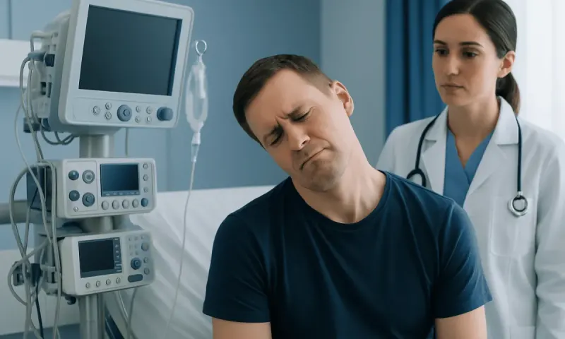 Patient experiencing neck pain in a hospital setting with medical monitors nearby.