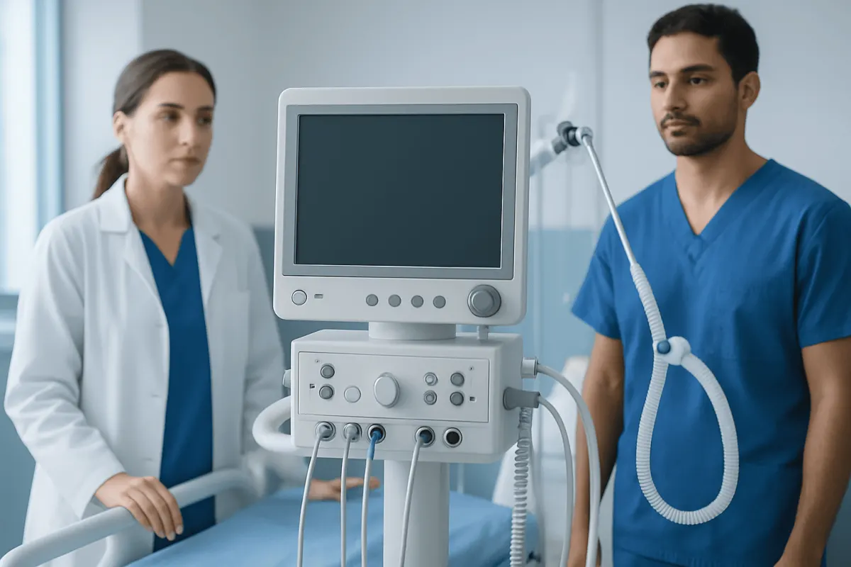 Medical professionals preparing a patient monitor in a hospital room.