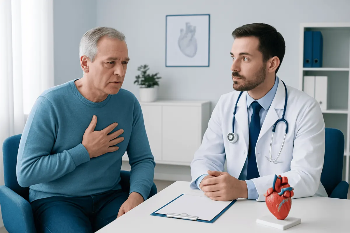 Doctor consulting with a patient about heart health in a medical office.