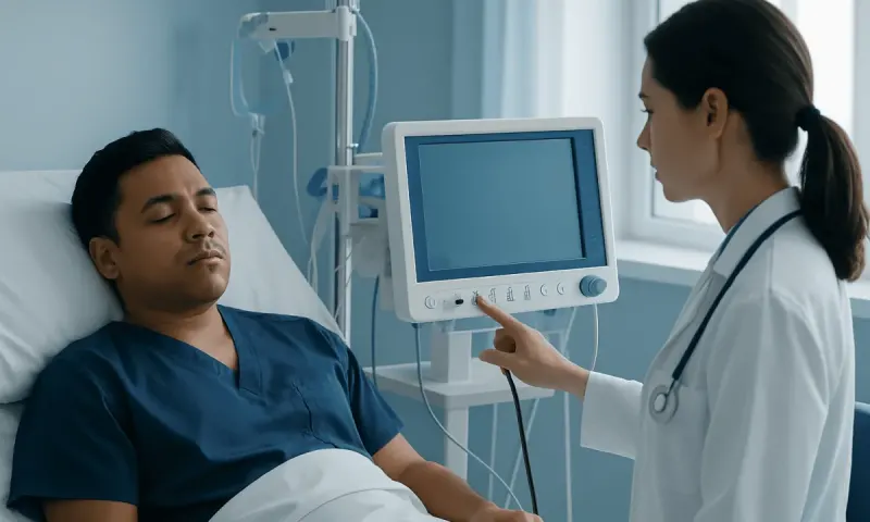 Doctor consulting patient in hospital room with medical monitor.