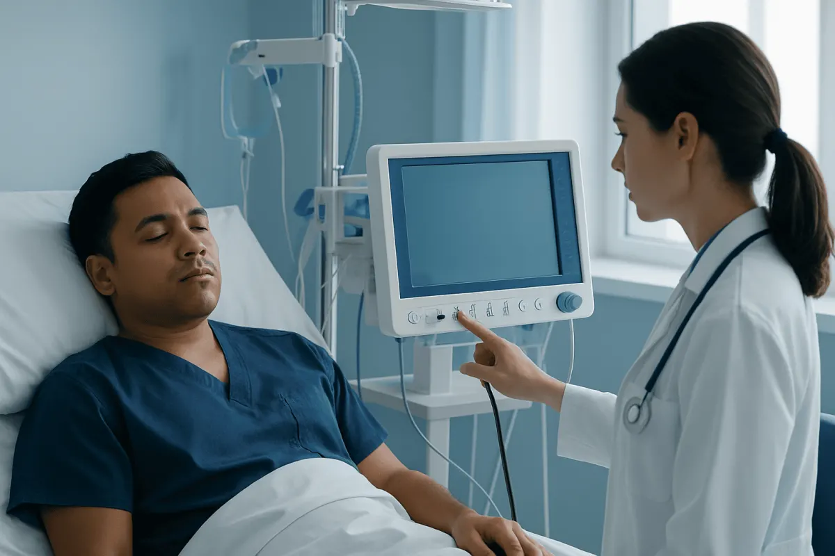 Doctor consulting patient in hospital room with medical monitor.