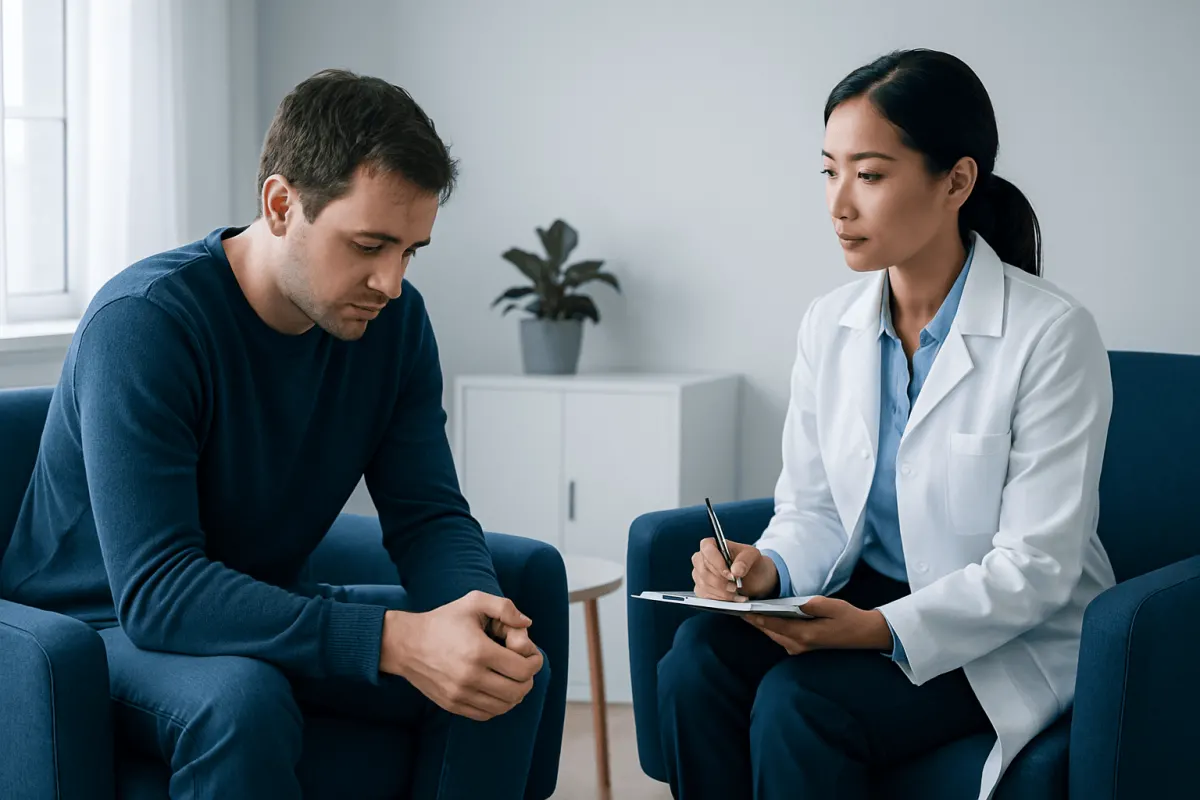 Therapist and patient in a counseling session at Acibadem Hospital.