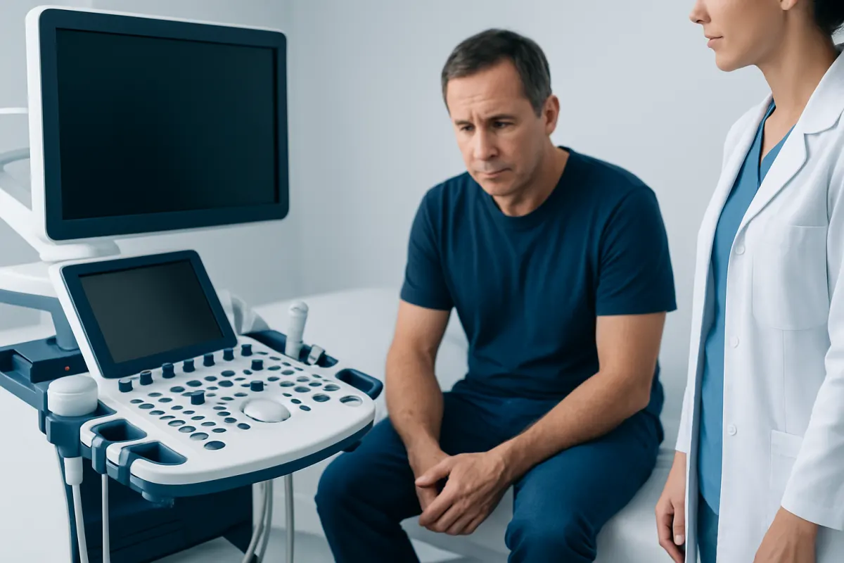 Male patient undergoing an ultrasound examination in a medical clinic.