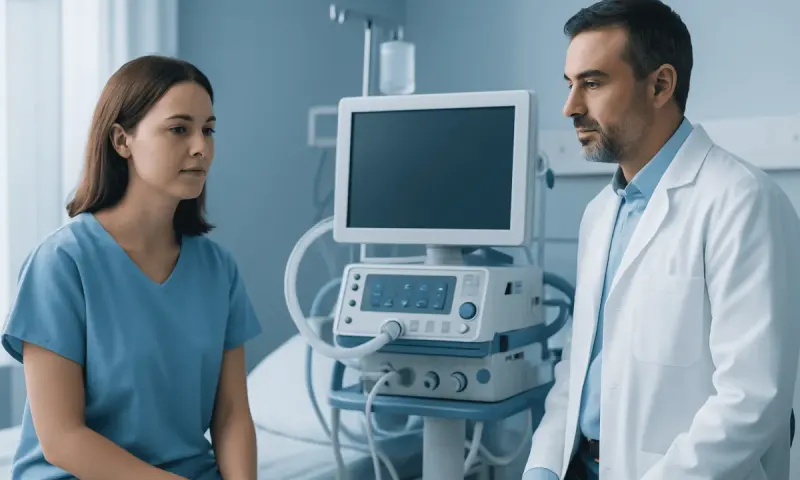 Doctor consulting patient in hospital room with medical equipment.