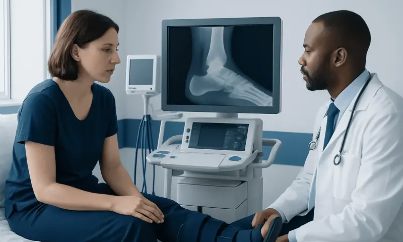 Doctor explaining ankle X-ray to patient in hospital setting.