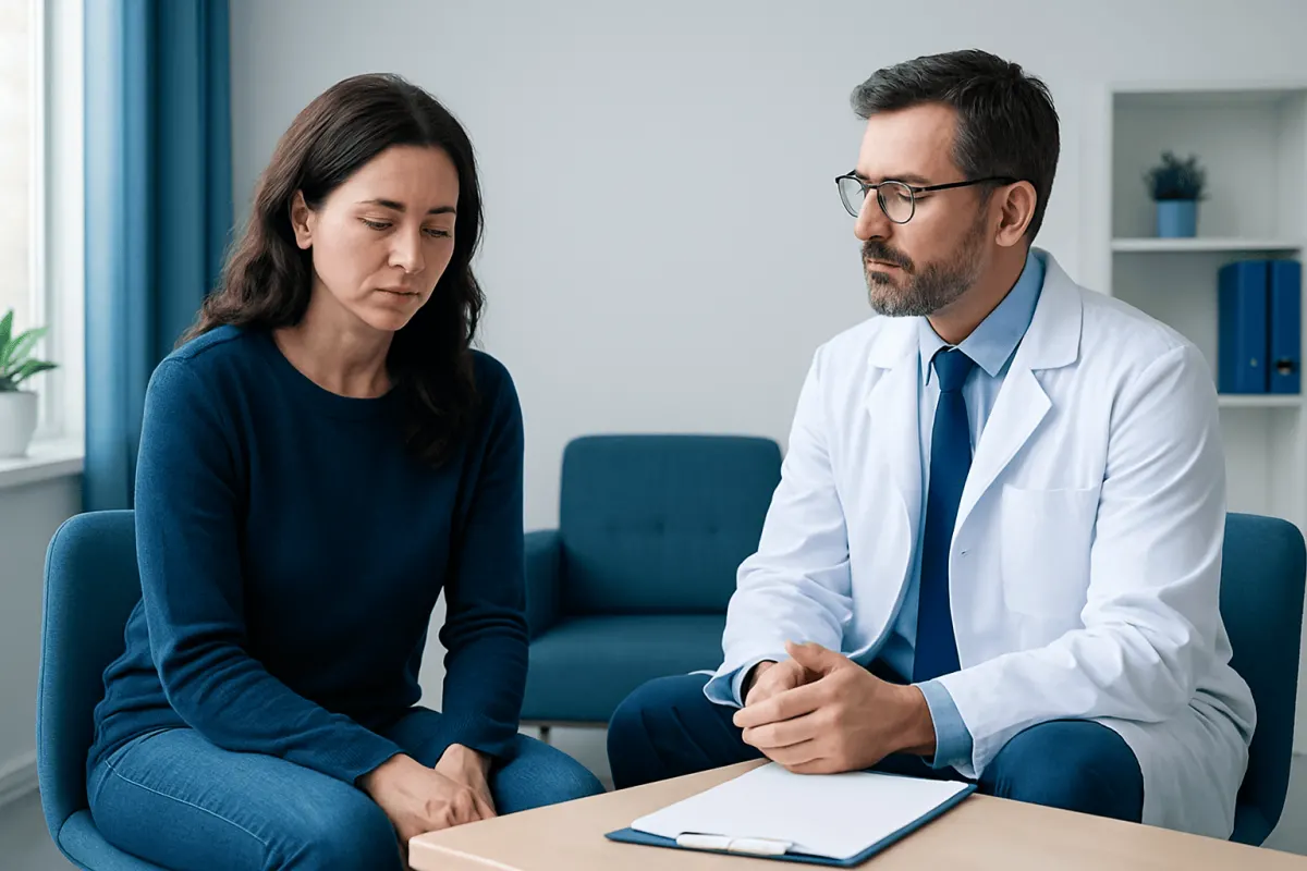 Doctor consulting with a woman patient in a modern clinic setting.
