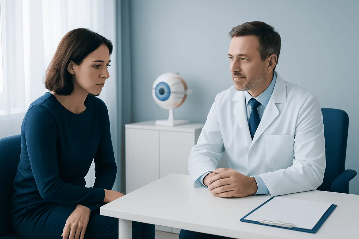 Doctor consulting with a female patient in a medical office setting.