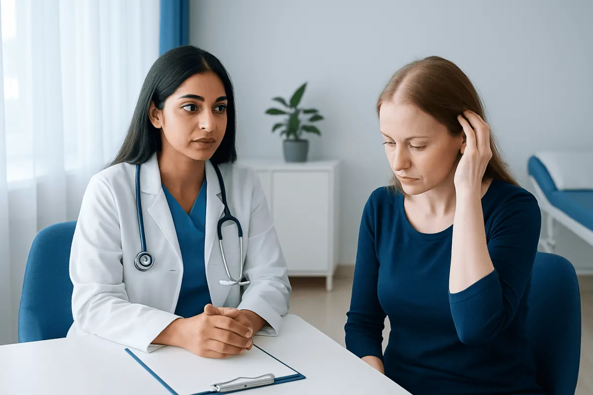 Doctor consulting with a patient about health concerns in a medical office.