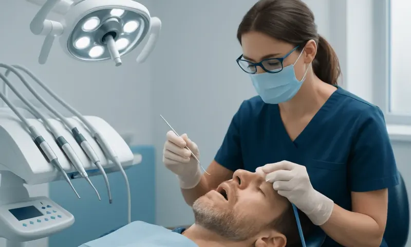 Dentist performing a gum graft procedure on a patient in a clinical setting.