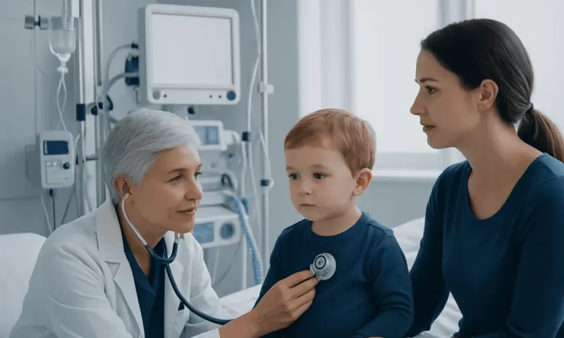 Pediatric doctor examining a young boy in a hospital setting.