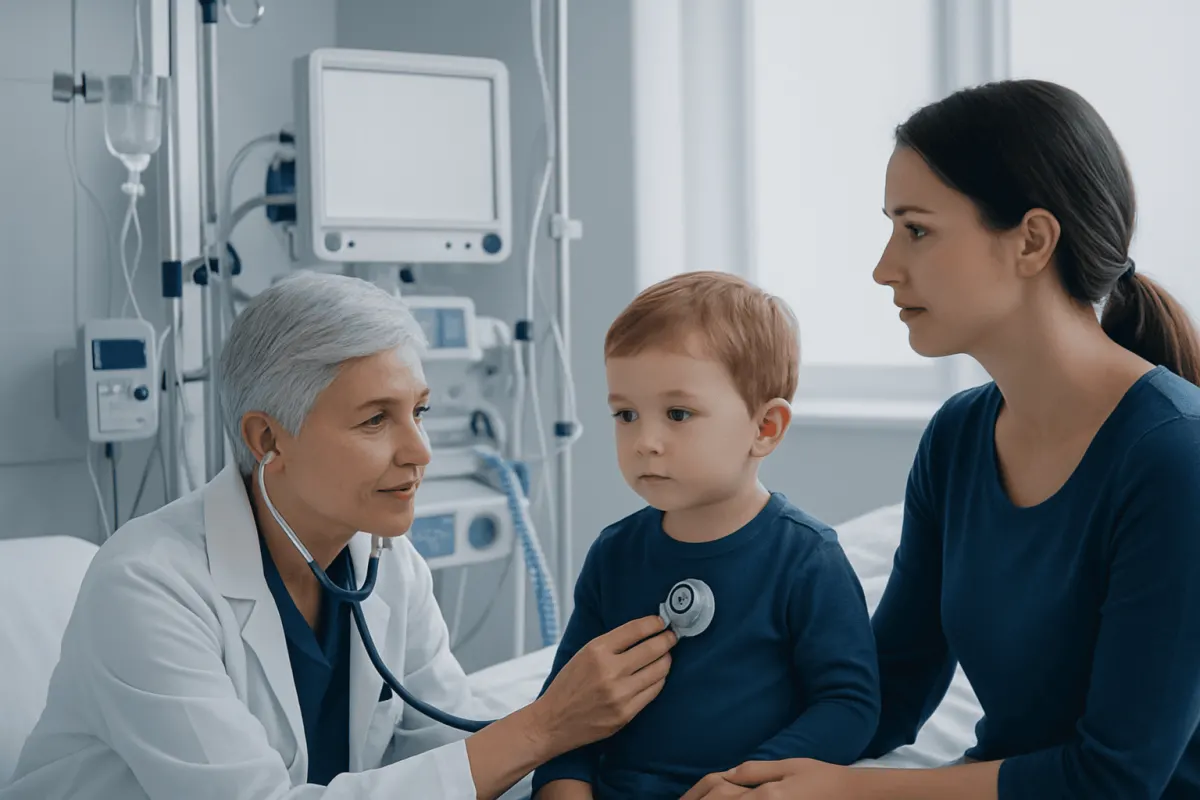 Pediatric doctor examining a young boy in a hospital setting.
