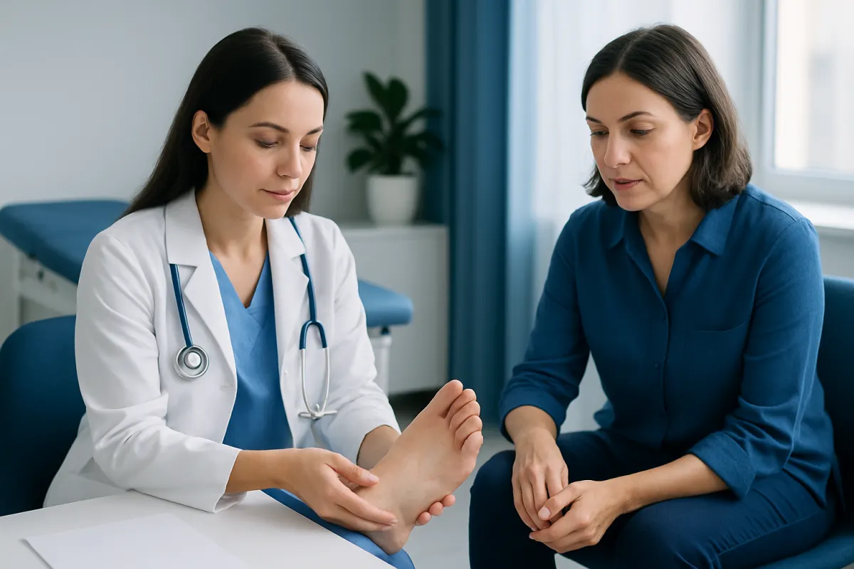 Doctor examining a patient's foot in a clinical setting.