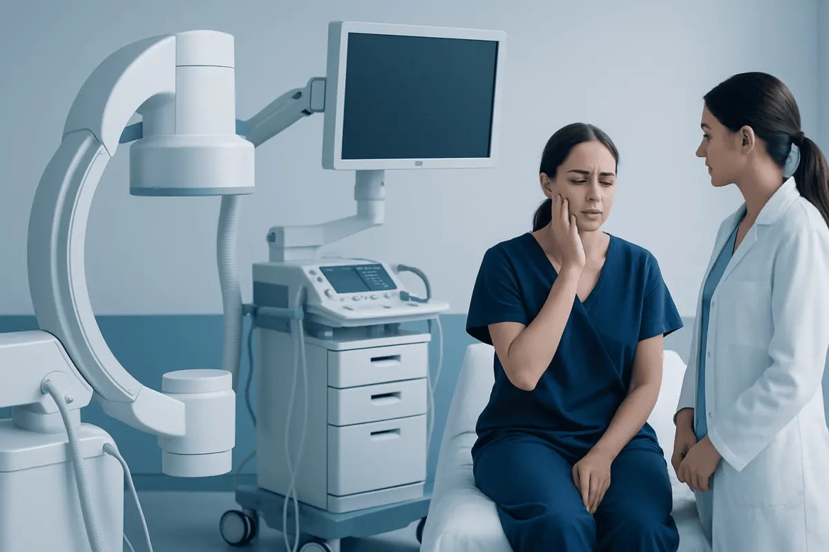 Patient consulting with a dermatologist in a medical clinic.