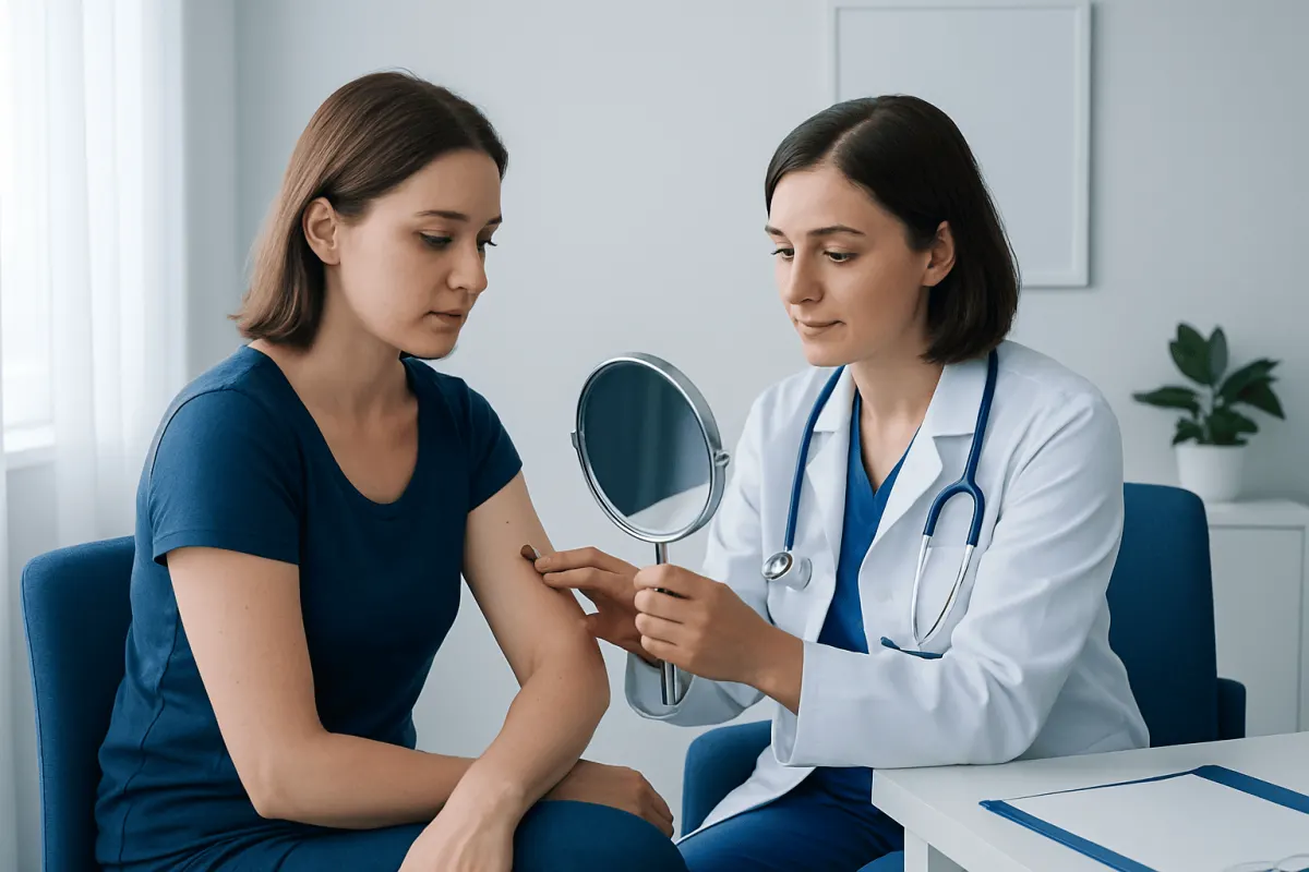 Dermatologist examining patient's skin in a medical consultation.