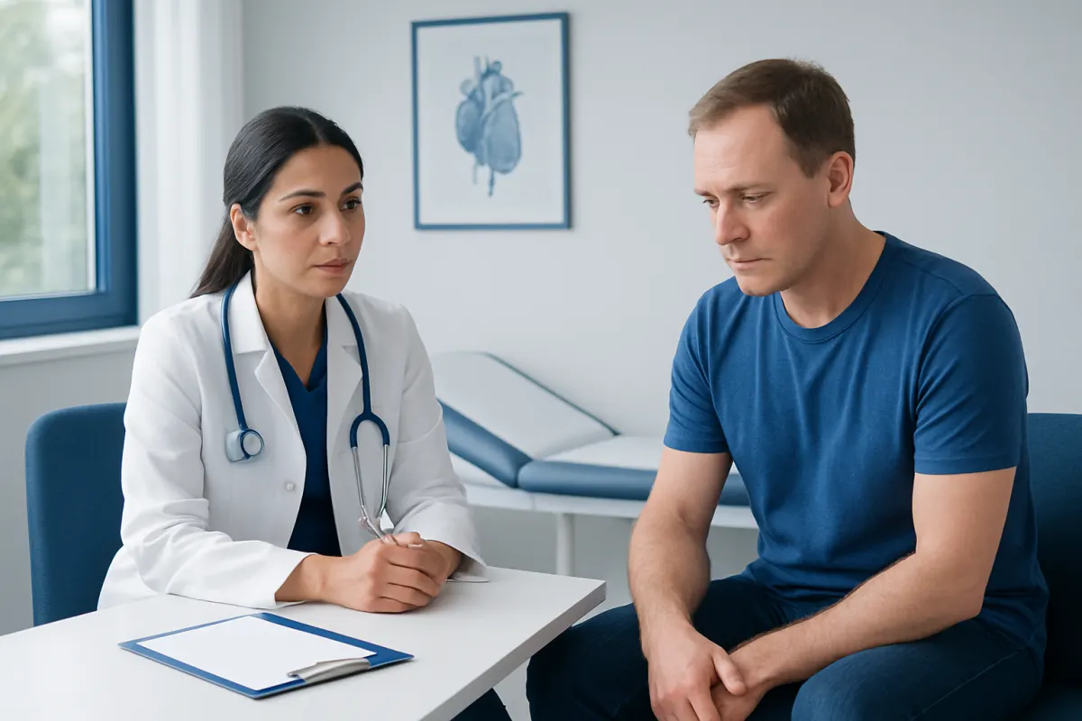 Doctor consulting with male patient in a medical office setting.