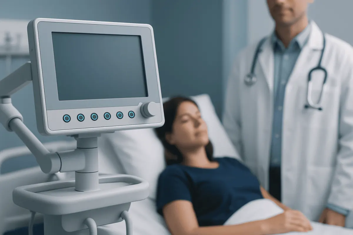 Medical professional monitoring patient in hospital room with medical equipment.