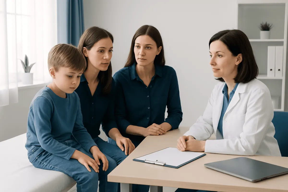 Pediatric consultation with a doctor and mother discussing child's health.