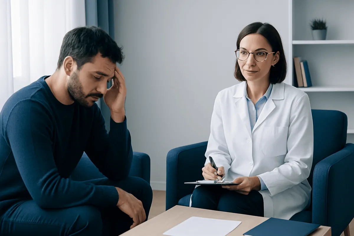 Psychiatrist consulting with a patient in a therapy session at Acibadem Hospitals.