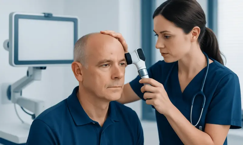 Doctor examining patient's scalp for skin cancer diagnosis.
