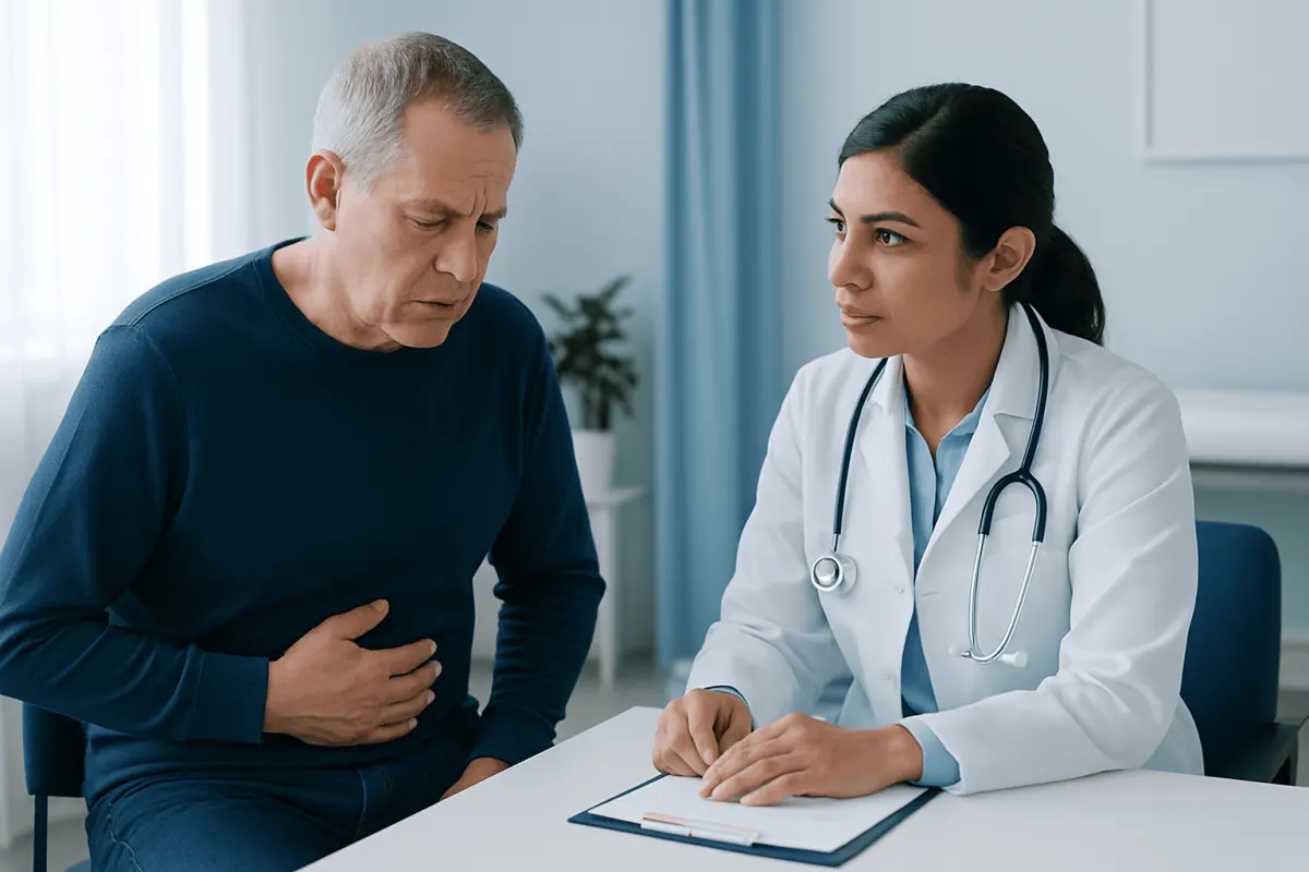 Doctor consulting with a male patient experiencing stomach pain.