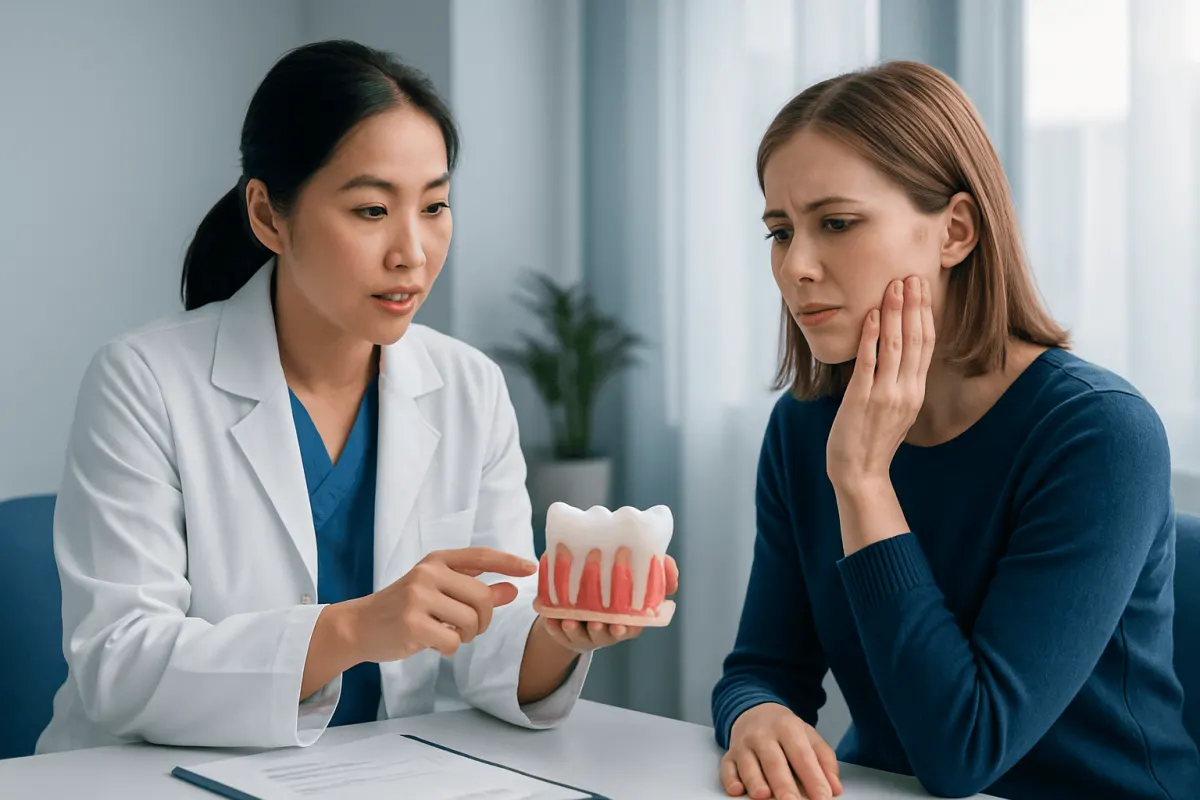 Dentist explaining dental plaque to patient with model teeth.