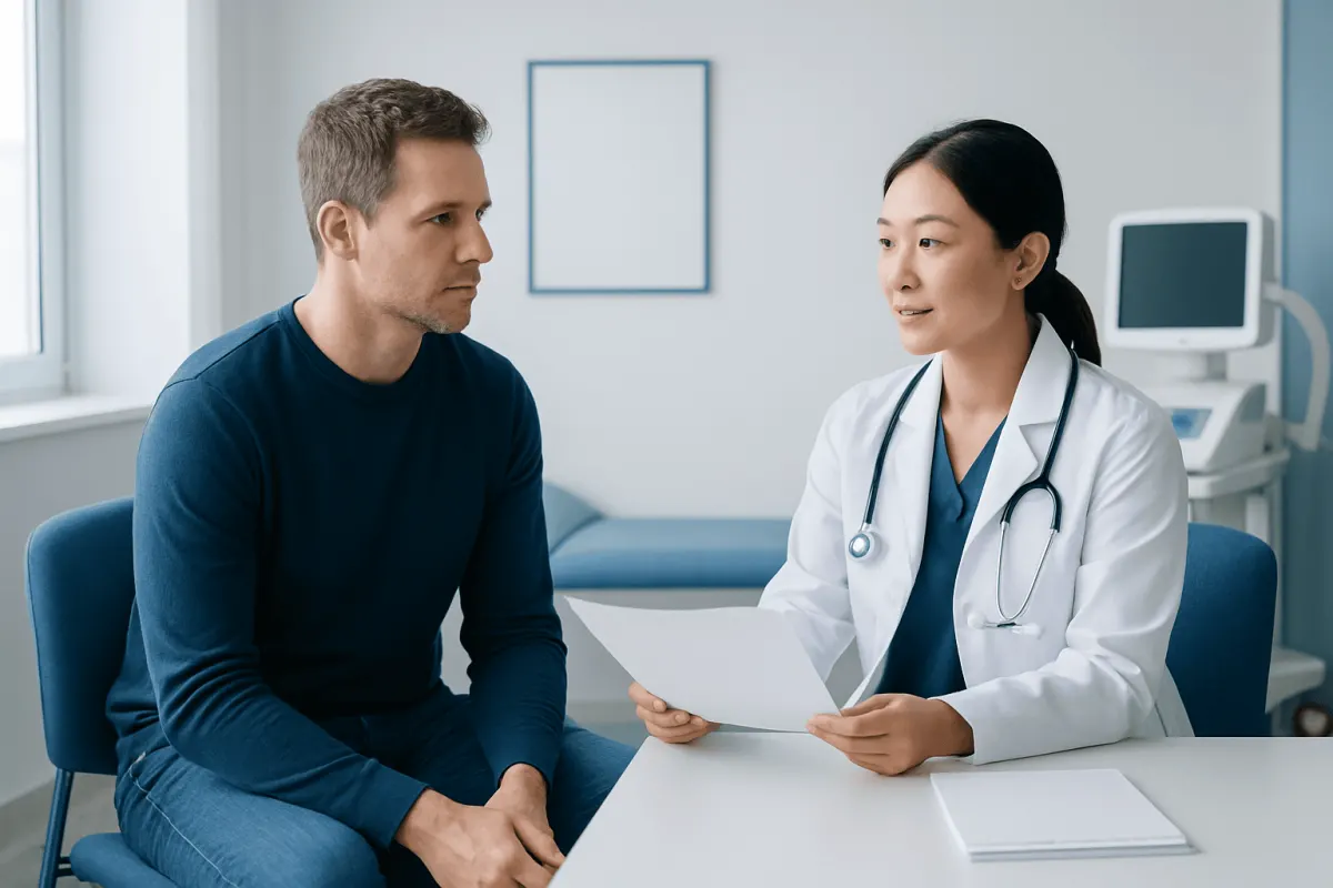 Doctor consulting with male patient in a modern medical office.