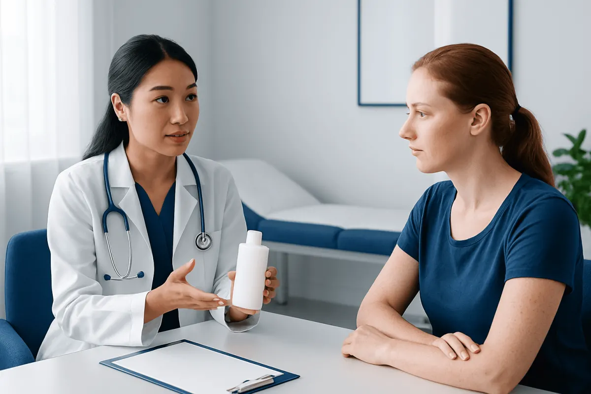 Doctor explaining medication to patient in a clinical setting.