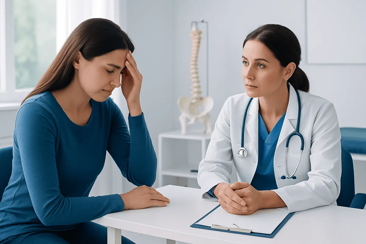 Doctor consulting with a patient experiencing headache after anesthesia.