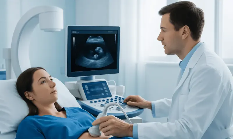 Doctor performing ultrasound on patient in hospital room.