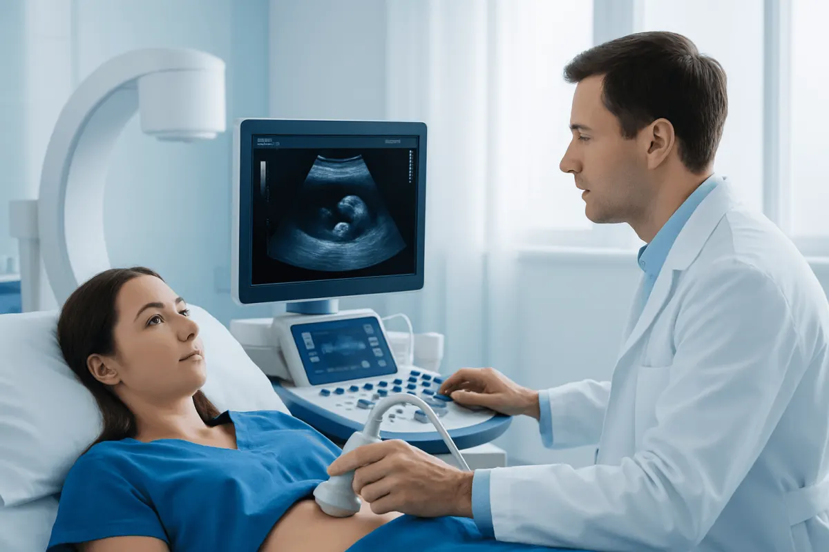 Doctor performing ultrasound on patient in hospital room.