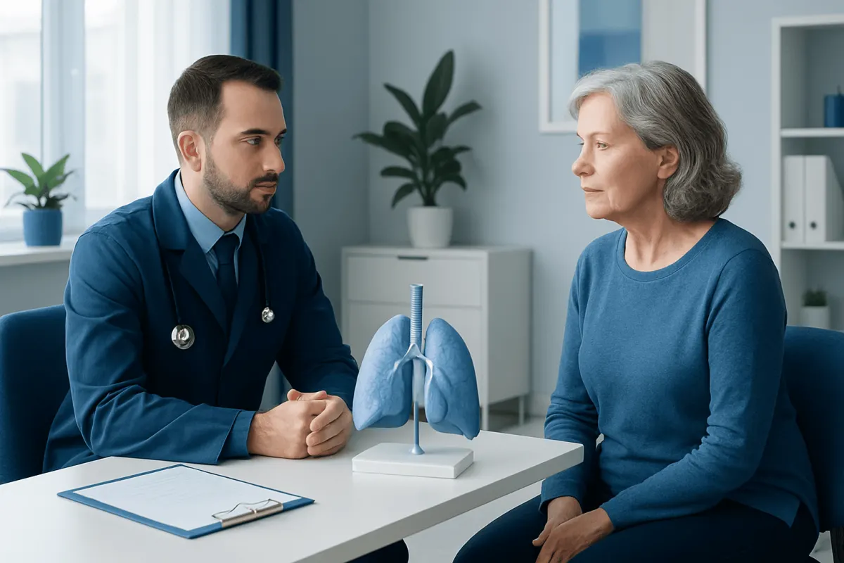 Doctor explaining lung health to an elderly woman in a medical consultation.
