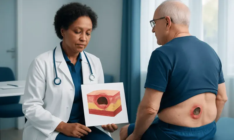 Doctor explaining pressure sore stages to patient with diagram.