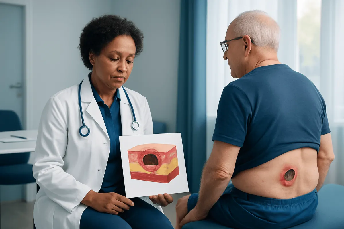 Doctor explaining pressure sore stages to patient with diagram.