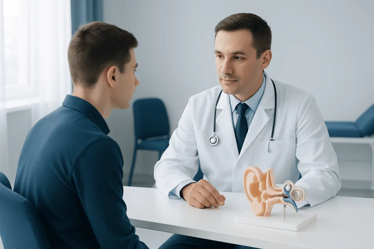 Doctor explaining ear anatomy to a patient in a consultation room.