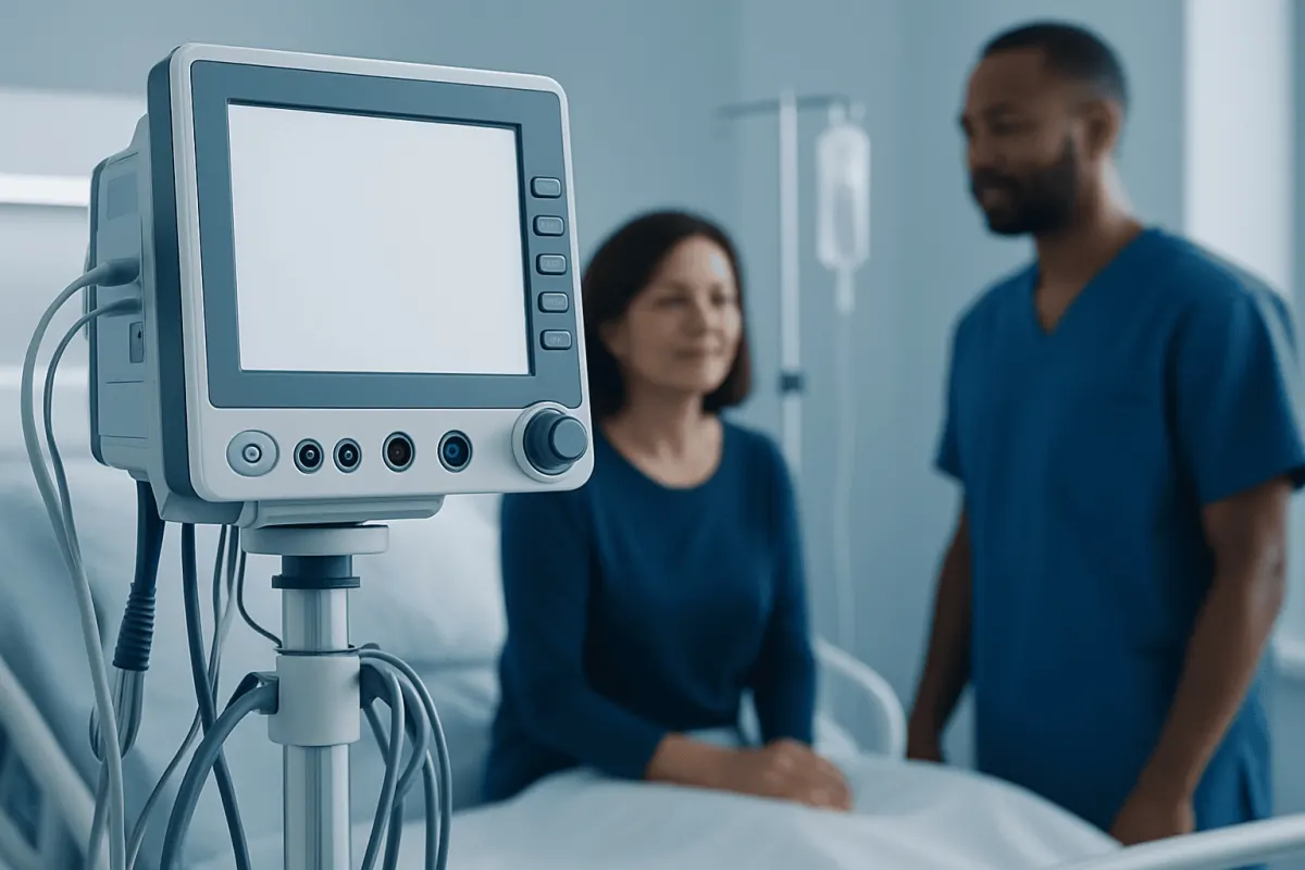 Medical monitor in hospital room with patient and healthcare professional.