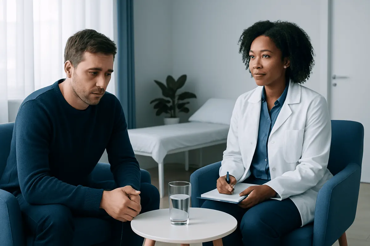 Patient consulting with a healthcare professional in a modern clinic.