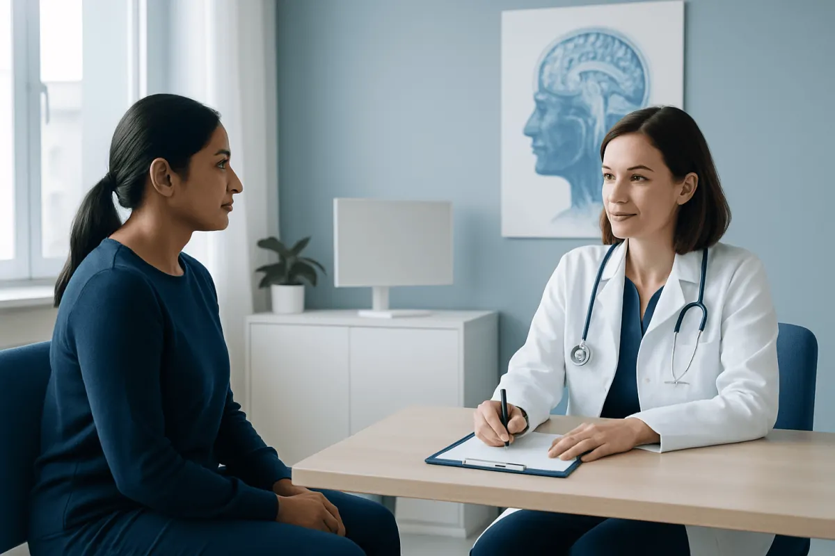 Doctor consulting with patient in a medical office setting.