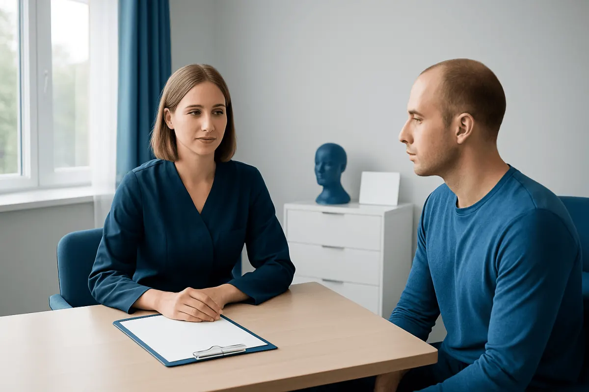 Patient consulting with doctor at clinic for hair transplant options in the UK.